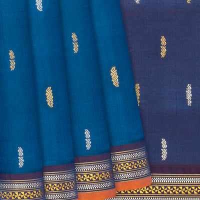 Navy Blue Handloom Kanchipuram Silk Saree With Floral Buttas-Navy Blue