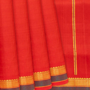Red Handloom Kanchipuram Silk Saree With Corner Mango Butta-Red