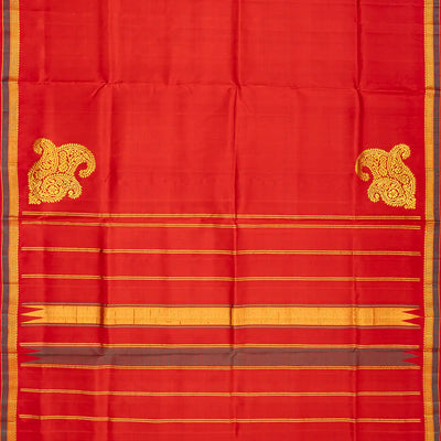 Red Handloom Kanchipuram Silk Saree With Corner Mango Butta-Red