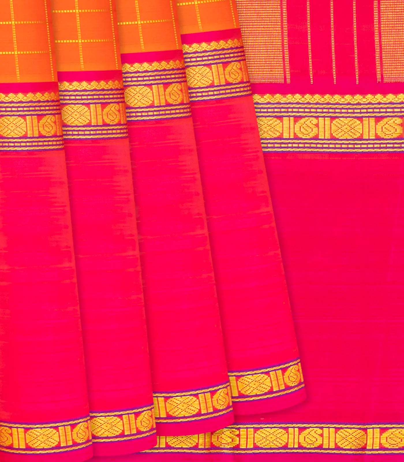Orange Handloom Kanchipuram Silk Saree With Zari Checks-Orange