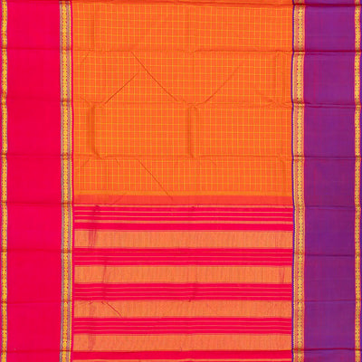 Orange Handloom Kanchipuram Silk Saree With Zari Checks-Orange