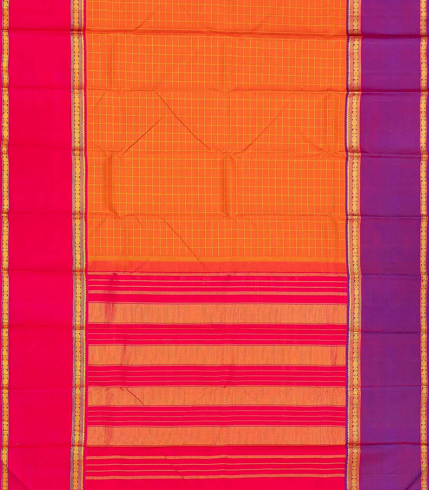 Orange Handloom Kanchipuram Silk Saree With Zari Checks-Orange
