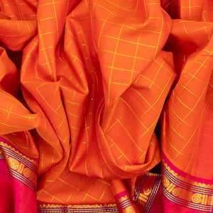 Orange Handloom Kanchipuram Silk Saree With Zari Checks-Orange