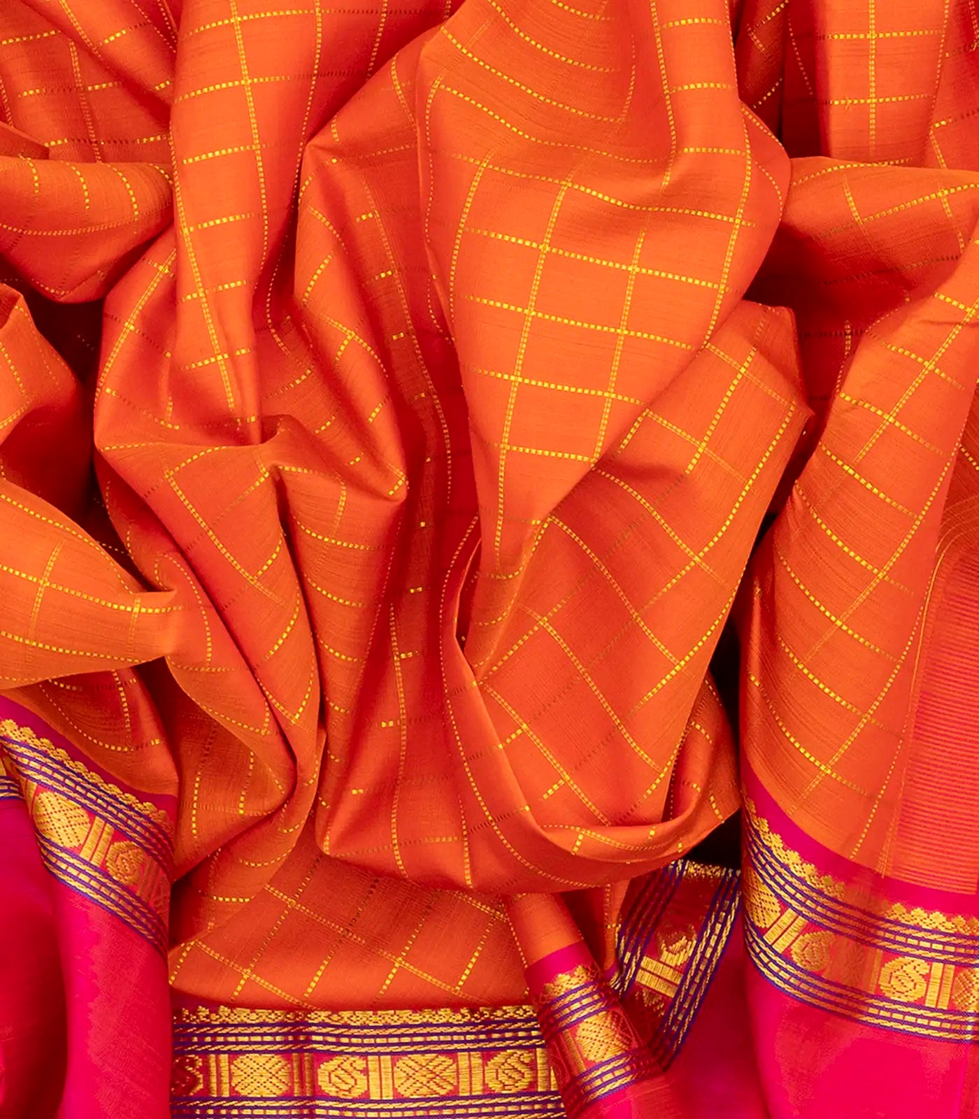 Orange Handloom Kanchipuram Silk Saree With Zari Checks-Orange