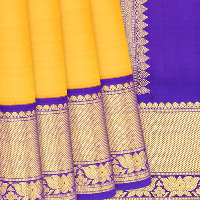 Mango Yellow Handloom 9 Yards Kanchipuram Korvai Silk Saree With Purple Border-Mango Yellow