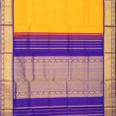 Mango Yellow Handloom 9 Yards Kanchipuram Korvai Silk Saree With Purple Border-Mango Yellow