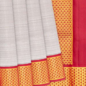 Grey Handloom 9 Yards Kanchipuram Korvai Silk Saree With Crimson Border-Grey