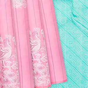 Bubble-gum Pink Handloom Kanchipuram Silk Saree With Stripes & Peacock Buttas-BubbleGum Pink