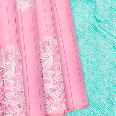 Bubble-gum Pink Handloom Kanchipuram Silk Saree With Stripes & Peacock Buttas-BubbleGum Pink