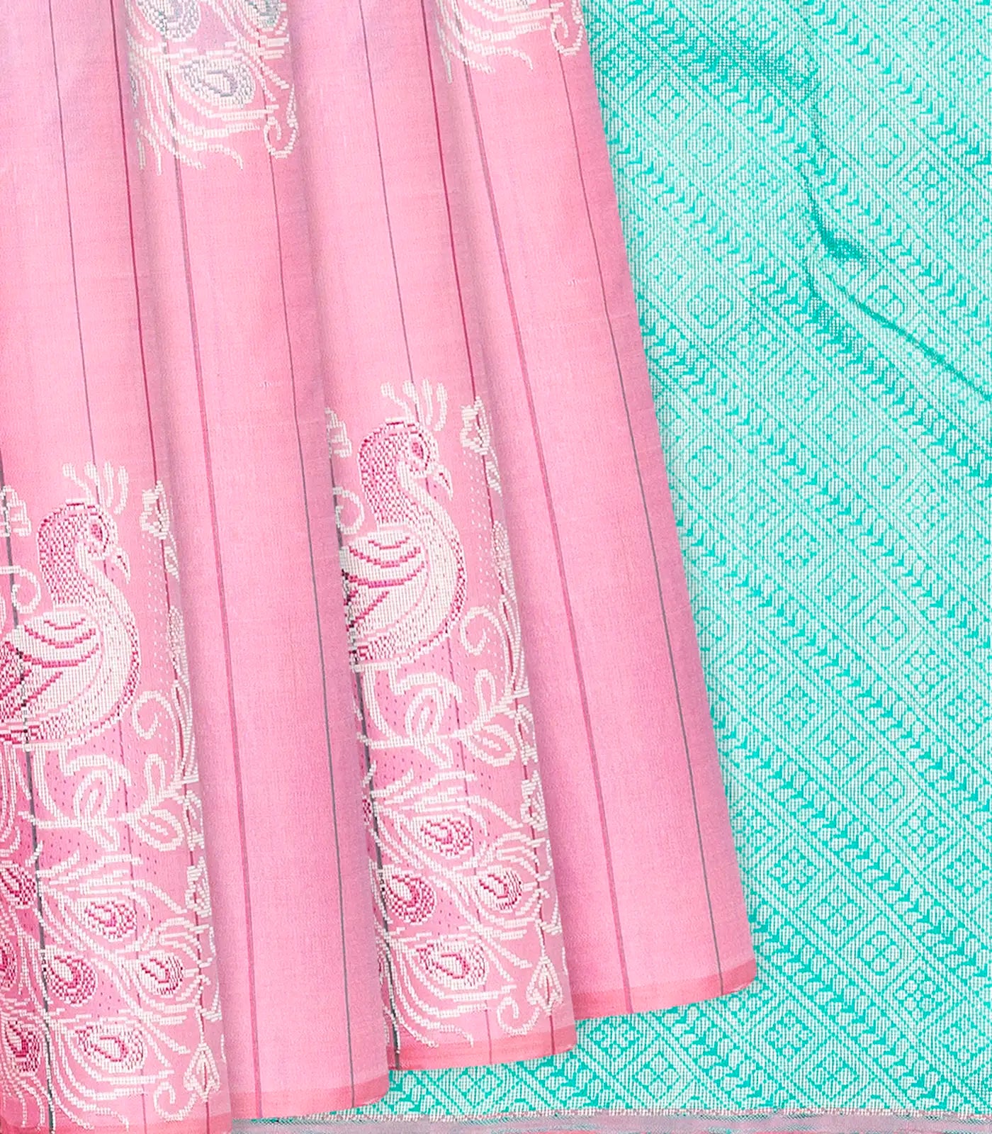 Bubble-gum Pink Handloom Kanchipuram Silk Saree With Stripes & Peacock Buttas-BubbleGum Pink