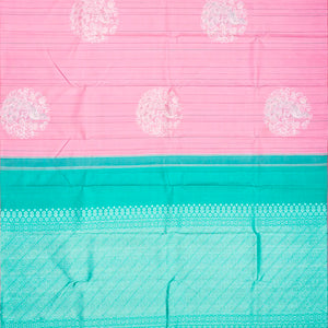 Bubble-gum Pink Handloom Kanchipuram Silk Saree With Stripes & Peacock Buttas-BubbleGum Pink
