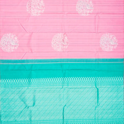 Bubble-gum Pink Handloom Kanchipuram Silk Saree With Stripes & Peacock Buttas-BubbleGum Pink
