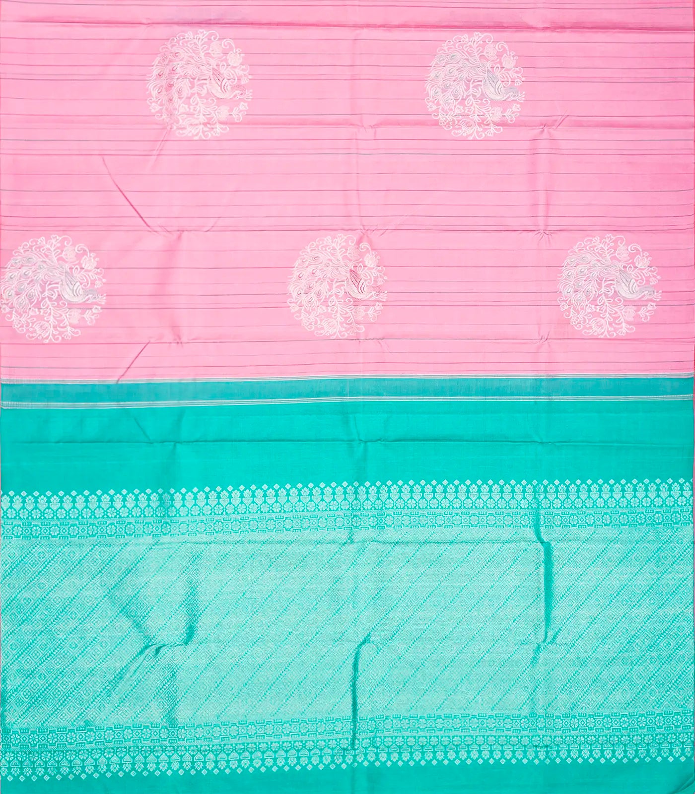 Bubble-gum Pink Handloom Kanchipuram Silk Saree With Stripes & Peacock Buttas-BubbleGum Pink