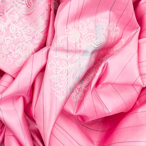Bubble-gum Pink Handloom Kanchipuram Silk Saree With Stripes & Peacock Buttas-BubbleGum Pink