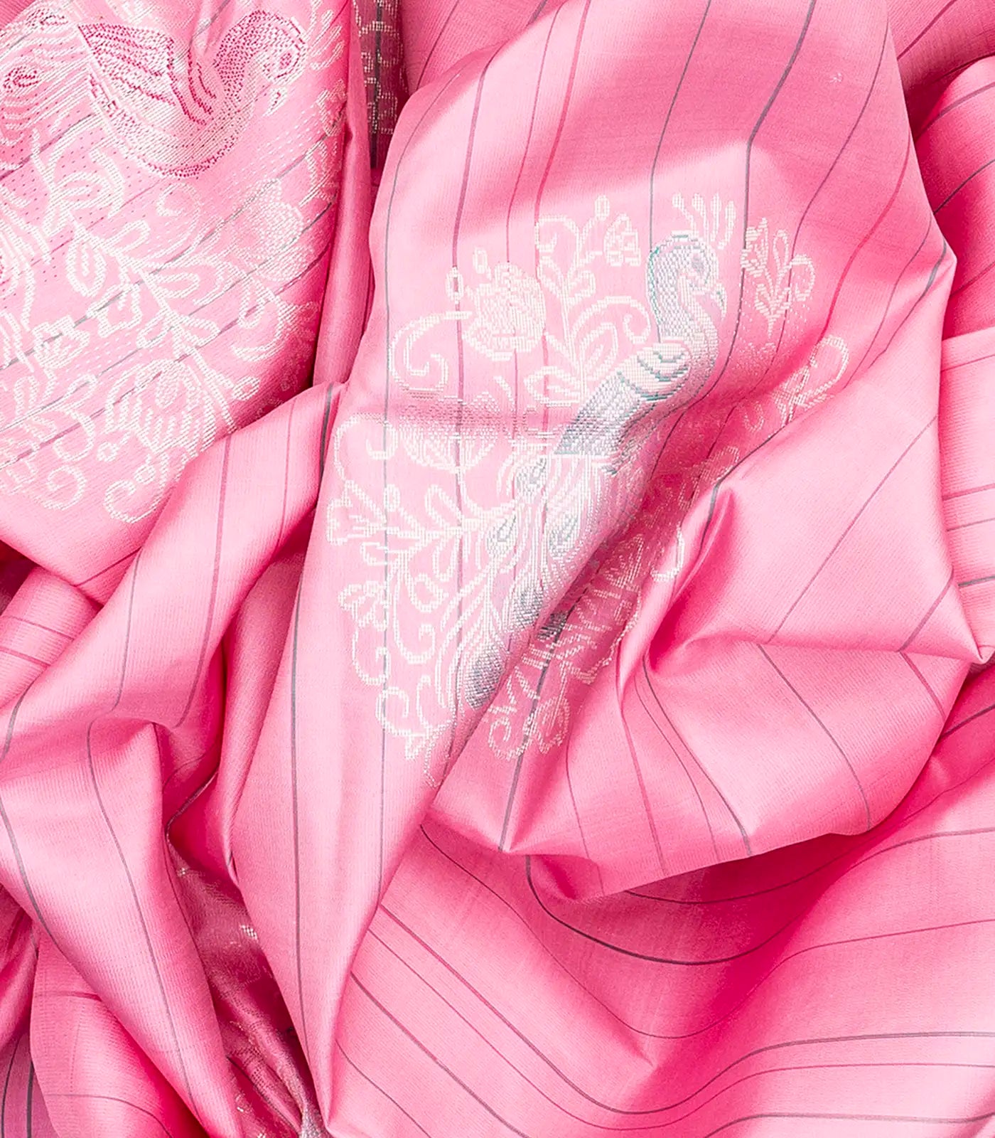 Bubble-gum Pink Handloom Kanchipuram Silk Saree With Stripes & Peacock Buttas-BubbleGum Pink