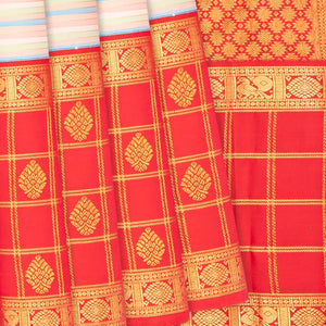 Multi Colour Handloom Kanchipuram Korvai Silk Saree With Stripes-Multi colour