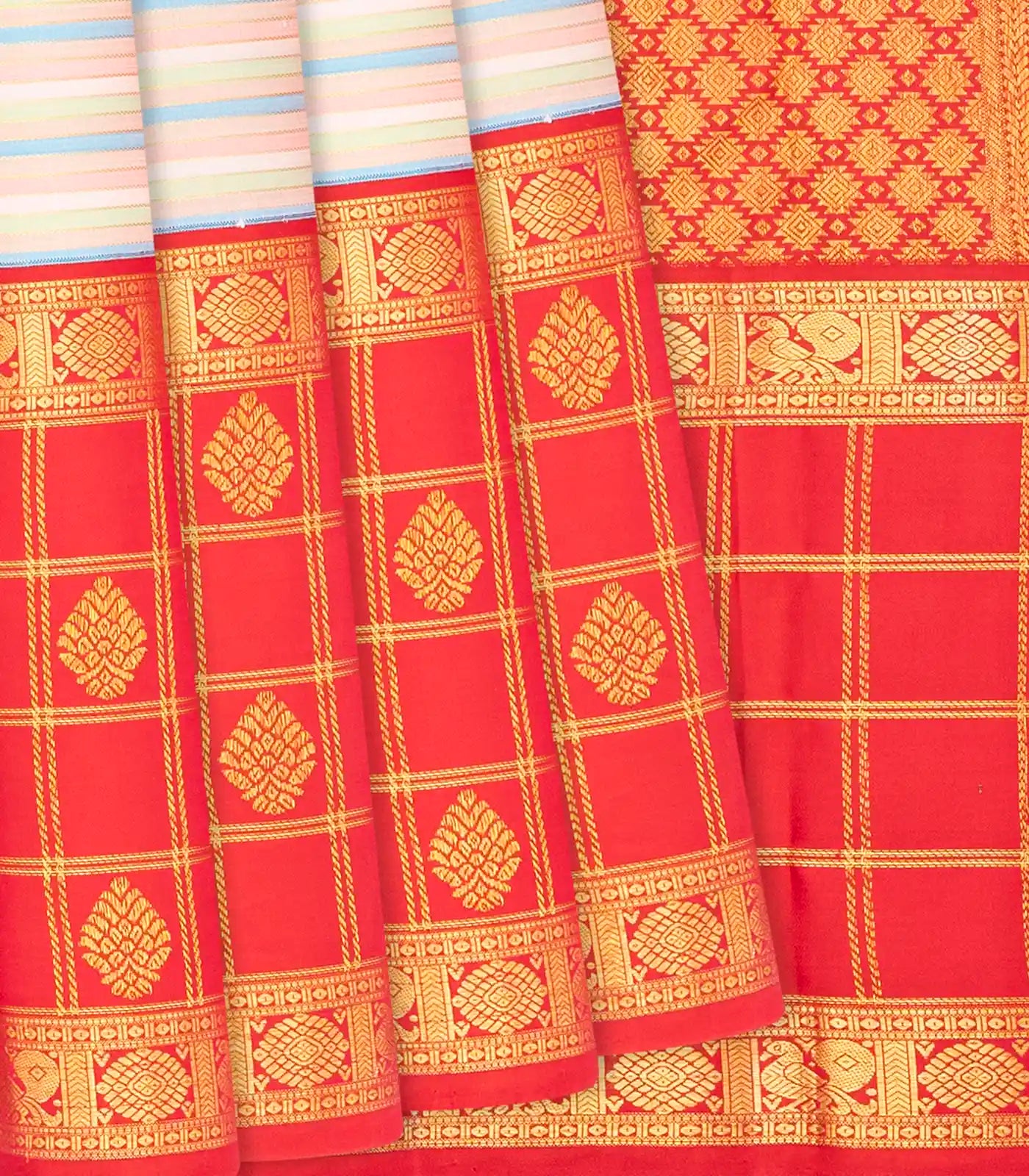 Multi Colour Handloom Kanchipuram Korvai Silk Saree With Stripes-Multi colour