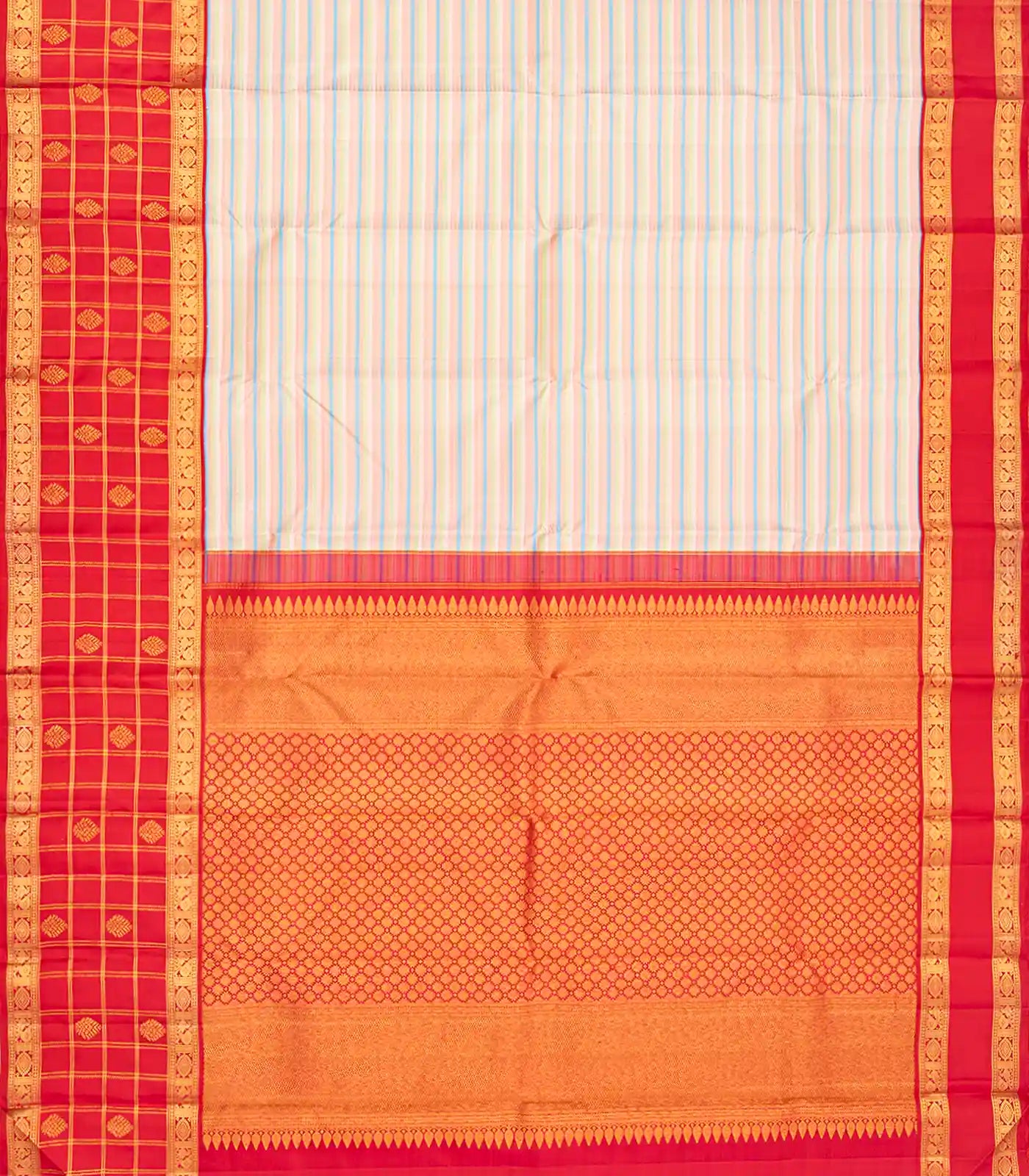 Multi Colour Handloom Kanchipuram Korvai Silk Saree With Stripes-Multi colour