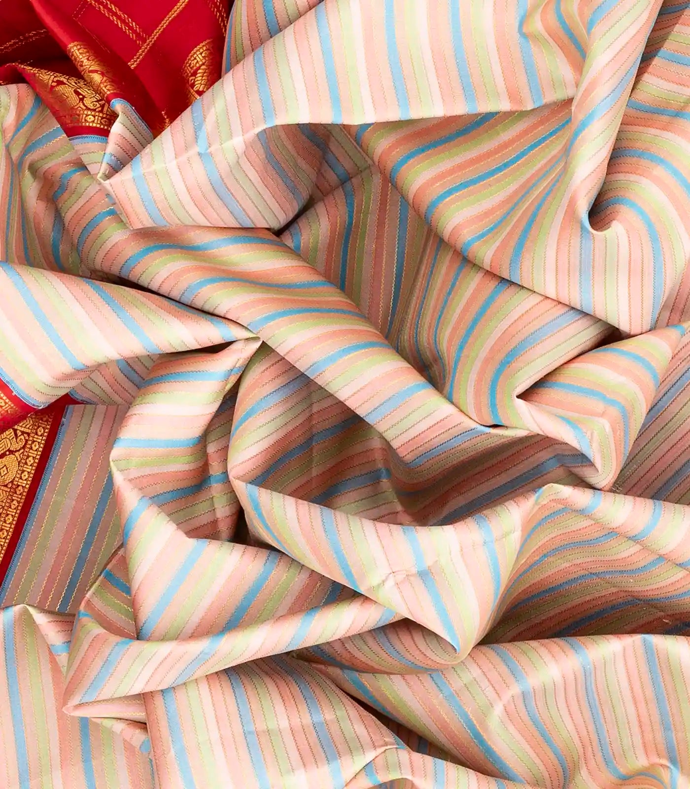 Multi Colour Handloom Kanchipuram Korvai Silk Saree With Stripes-Multi colour