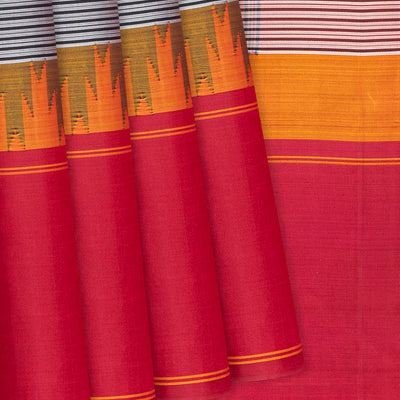 Grey Handloom Kanchipuram Korvai Silk Saree With Stripes-Grey