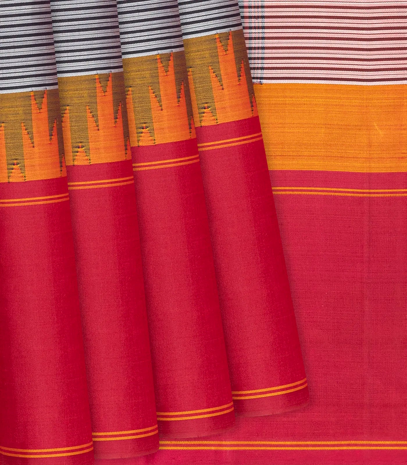 Grey Handloom Kanchipuram Korvai Silk Saree With Stripes-Grey