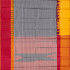 Grey Handloom Kanchipuram Korvai Silk Saree With Stripes-Grey