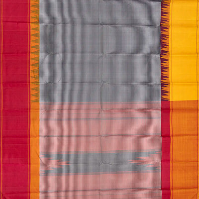 Grey Handloom Kanchipuram Korvai Silk Saree With Stripes-Grey