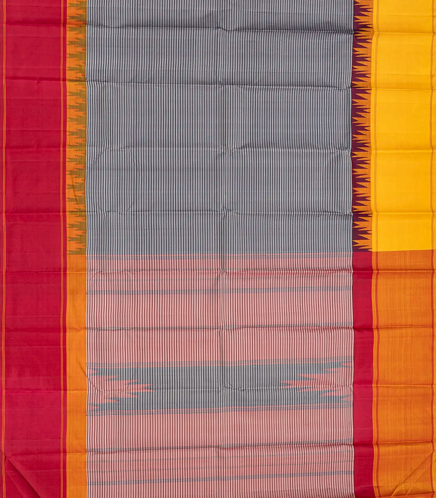 Grey Handloom Kanchipuram Korvai Silk Saree With Stripes-Grey