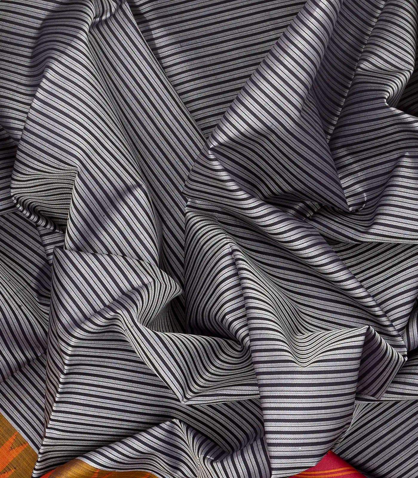 Grey Handloom Kanchipuram Korvai Silk Saree With Stripes-Grey