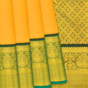 Mango Yellow Handloom Kanchipuram Korvai Silk Saree With Green Border-Mango Yellow