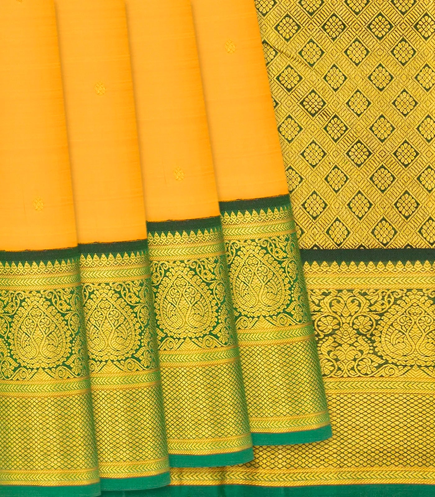 Mango Yellow Handloom Kanchipuram Korvai Silk Saree With Green Border-Mango Yellow