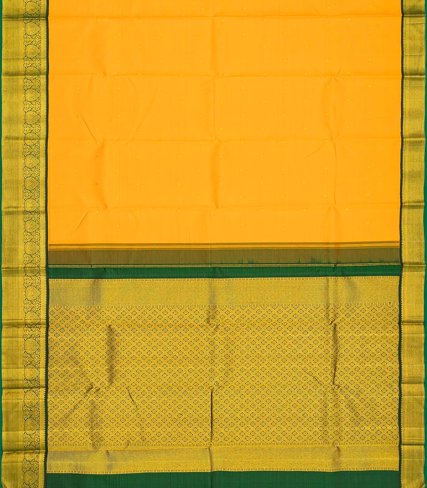 Mango Yellow Handloom Kanchipuram Korvai Silk Saree With Green Border-Mango Yellow