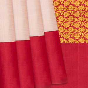Taupe Handloom Kanchipuram Korvai Silk Saree With Crimson Border-Taupe