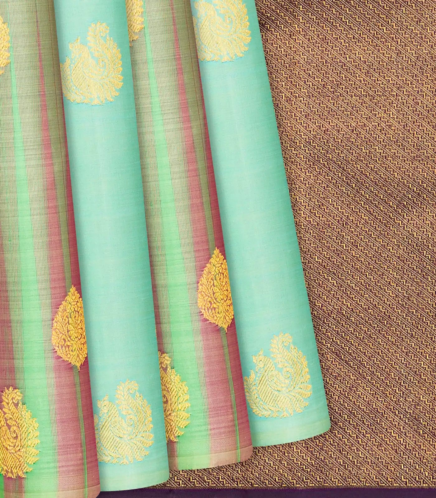 Multi Colour Handloom Kanchipuram Silk Saree With Stripes & Annam Buttas-Multi colour