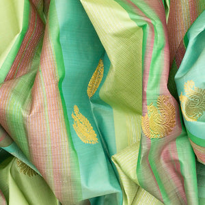 Multi Colour Handloom Kanchipuram Silk Saree With Stripes & Annam Buttas-Multi colour