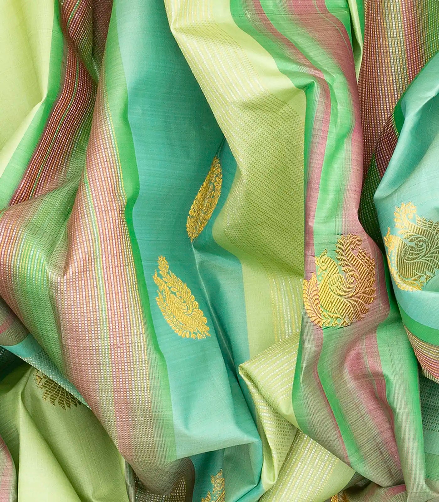 Multi Colour Handloom Kanchipuram Silk Saree With Stripes & Annam Buttas-Multi colour