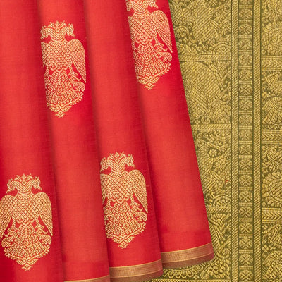 Red Handloom Kanchipuram Silk Saree With Gandaberunda Buttas-Red