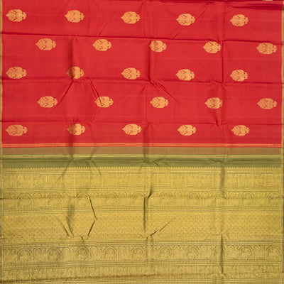 Red Handloom Kanchipuram Silk Saree With Gandaberunda Buttas-Red