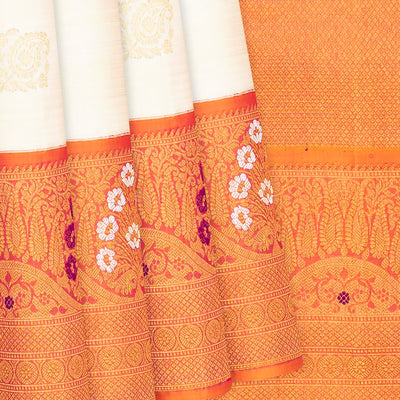White Handloom Kanchipuram Korvai Silk Saree With Zari Buttas-White