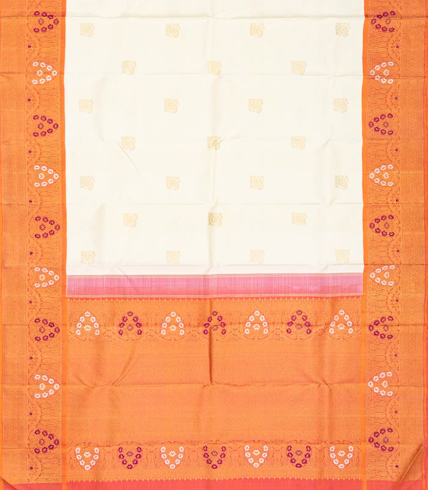 White Handloom Kanchipuram Korvai Silk Saree With Zari Buttas-White