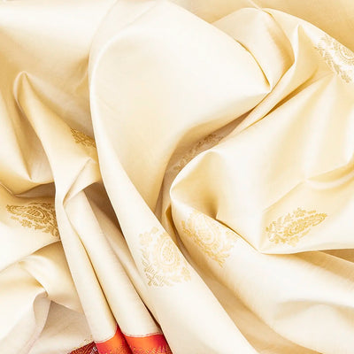 White Handloom Kanchipuram Korvai Silk Saree With Zari Buttas-White