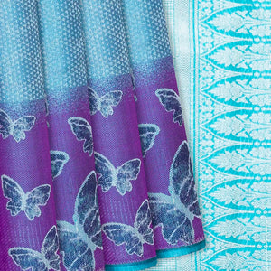 Blue Handloom Kanchipuram Silk Saree With Butterfly Motifs-Blue