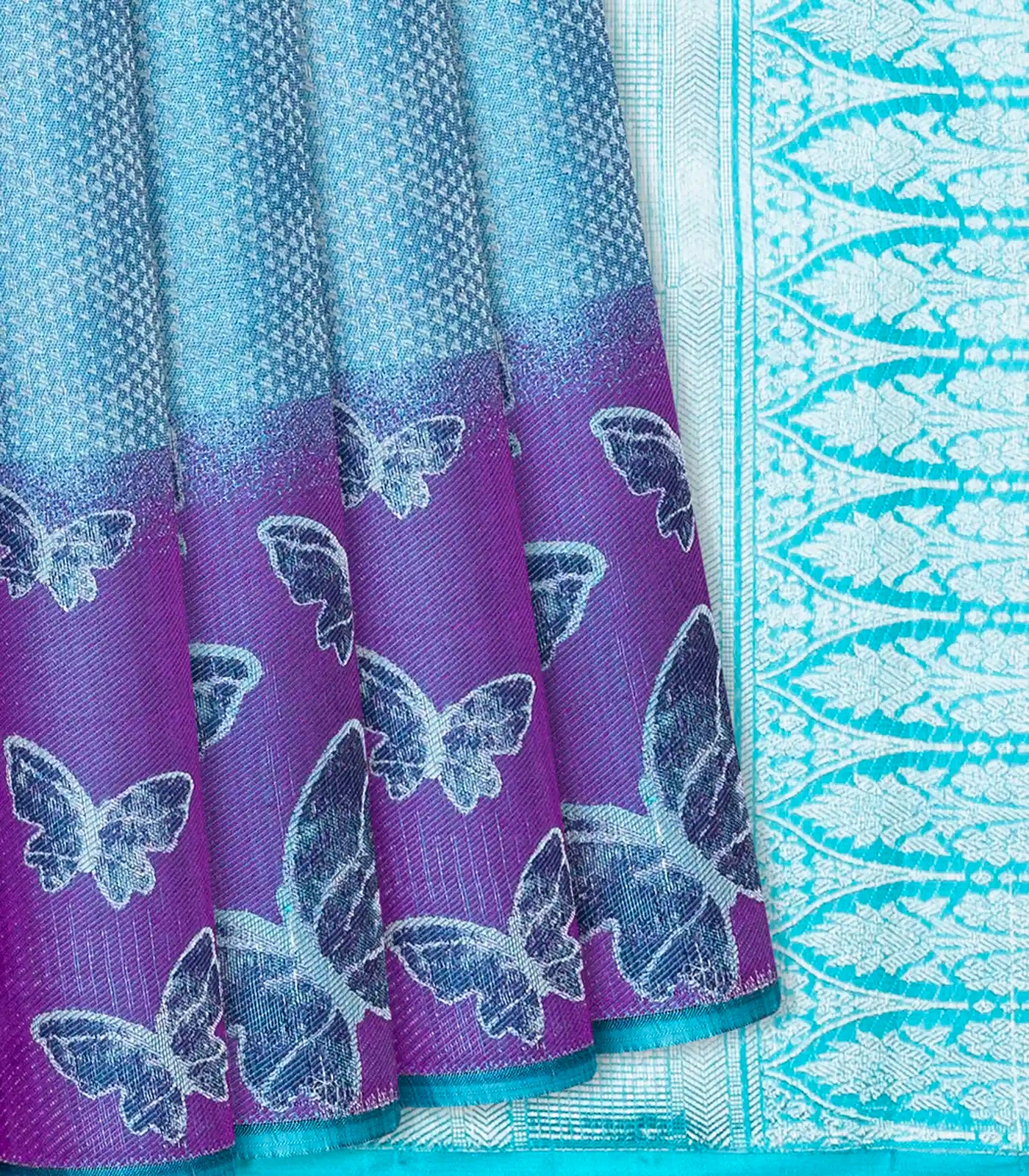 Blue Handloom Kanchipuram Silk Saree With Butterfly Motifs-Blue