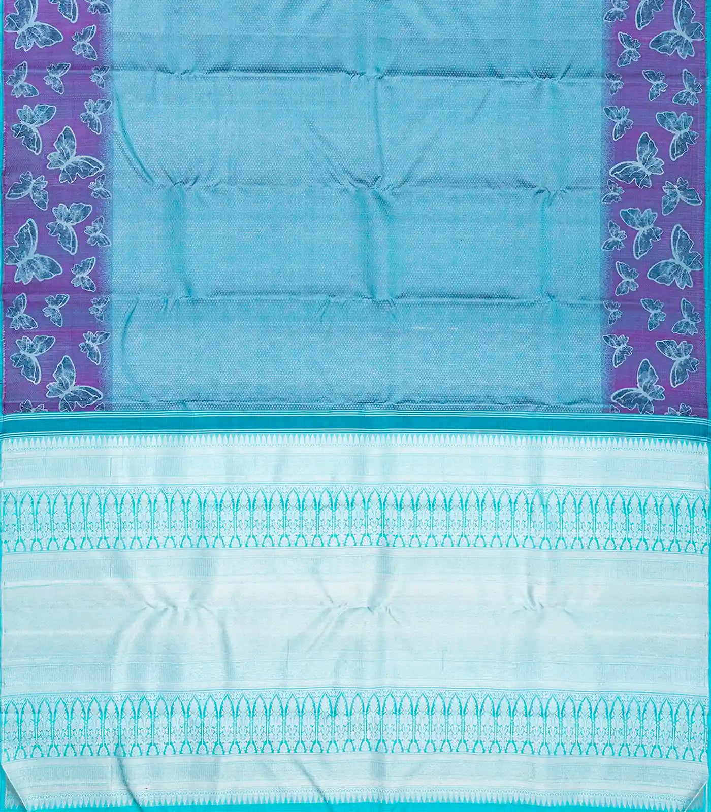 Blue Handloom Kanchipuram Silk Saree With Butterfly Motifs-Blue