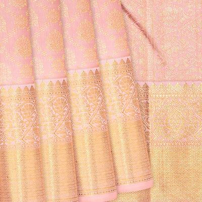 Light Peach Handloom Kanchipuram Silk Saree With Floral Motifs-Light Peach