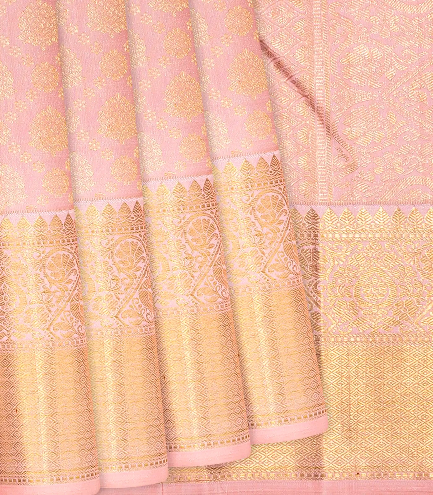 Light Peach Handloom Kanchipuram Silk Saree With Floral Motifs-Light Peach