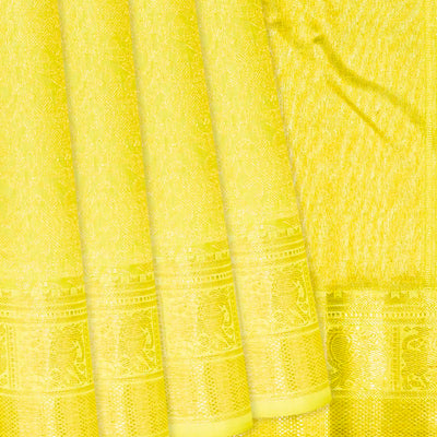 Lime Green Handloom Kanchipuram Silk Saree With Floral Motifs-Lime Green