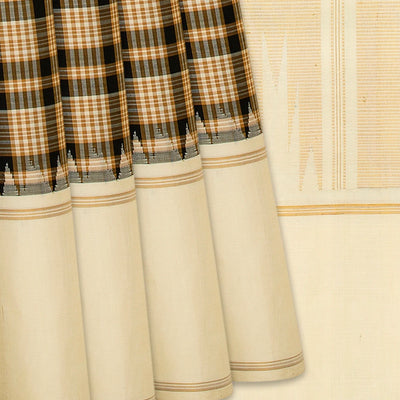 Taupe Handloom Kanchipuram Korvai Silk Saree With Black Checks-Taupe