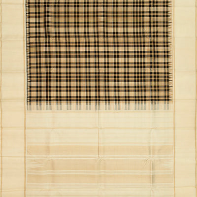 Taupe Handloom Kanchipuram Korvai Silk Saree With Black Checks-Taupe