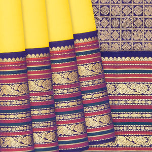 Lemon Yellow Handloom Kanchipuram Korvai Silk Saree With Purple Border-Lime Yellow